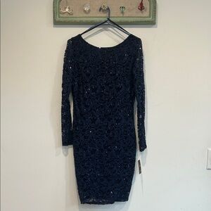 MARINA Navy Sequin Lace Long-Sleeve Sheath Dress